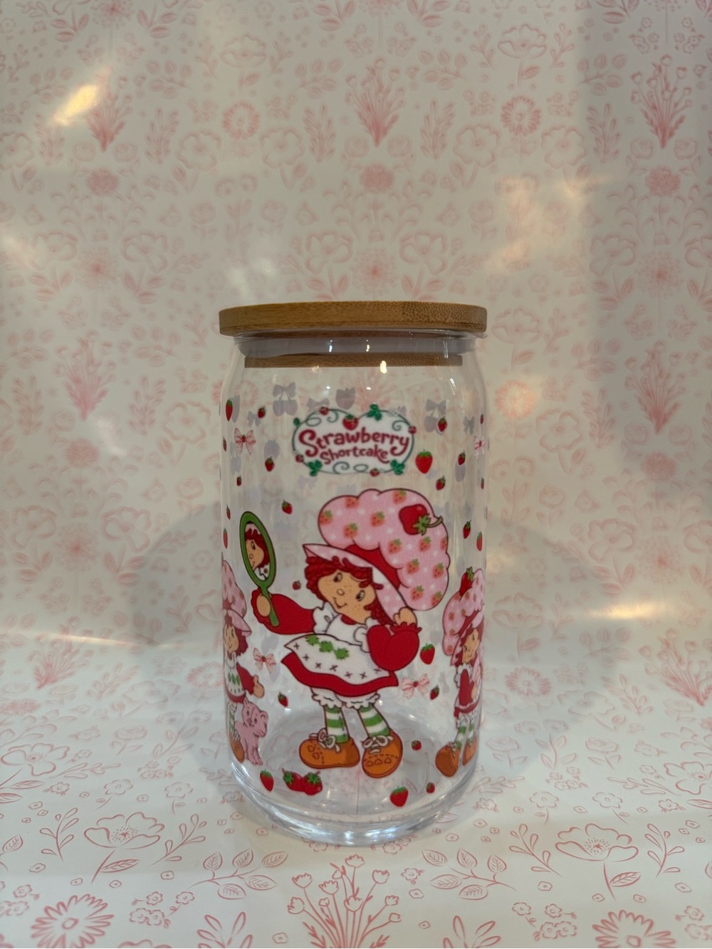 Strawberry Shortcake Clear Glass Canister with Bamboo Lid/straw- Pink & Red